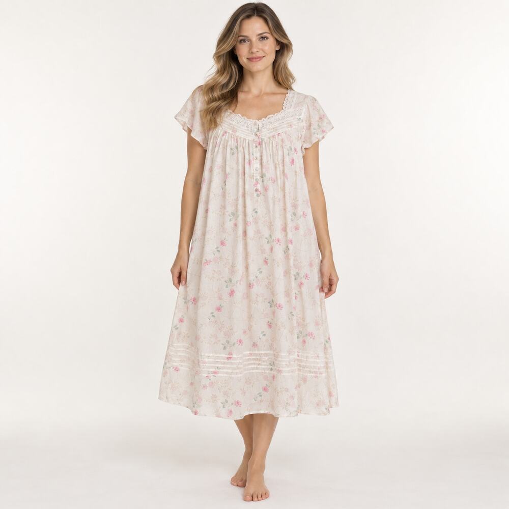 Eileen West Floral Lace Trim Nightgown Ivory Pink Women's Size Large Cottagecore